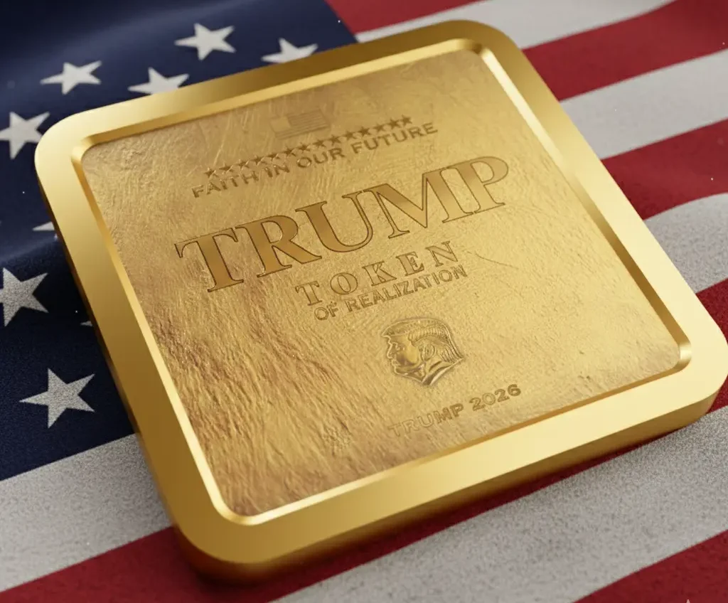 Gold Trump Token of Realization commemorative collectible on patriotic display
